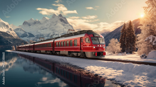 A red train travels through a winter landscape with snow