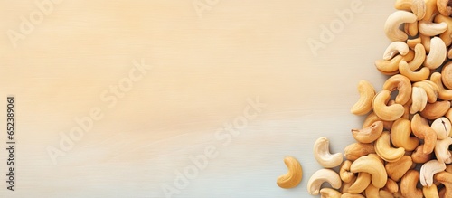 Background with arranged cashew nuts isolated pastel background Copy space