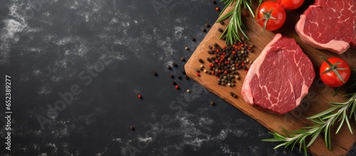 Farm organic meat recipes featuring raw meat steaks rosemary wood cutting board tomatoes on a dark marble background no people in the photo isolated pastel background Copy space