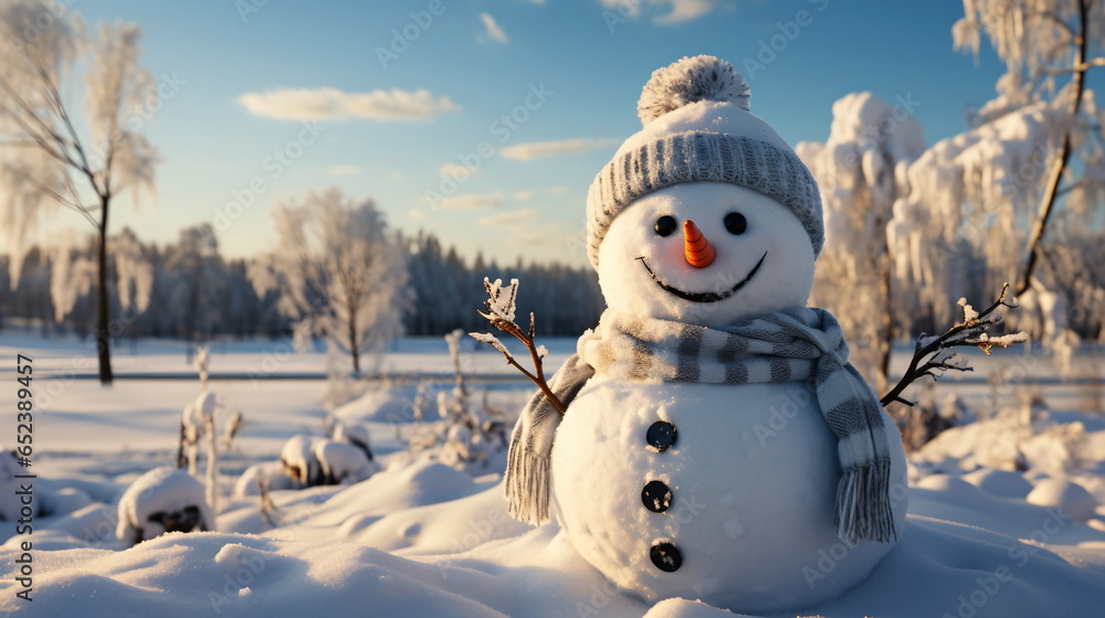 Obraz premium Happy smiling snow man on sunny winter day.