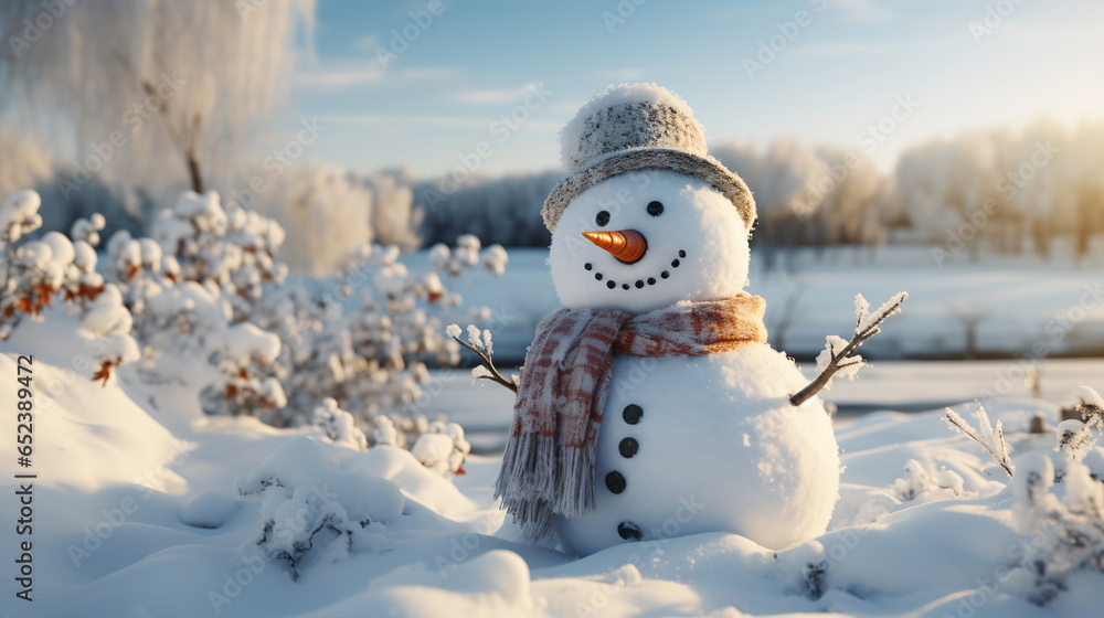 Fototapeta premium Happy smiling snow man on sunny winter day.