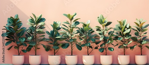 Flowering Ficus Elastica trees in pots isolated pastel background Copy space