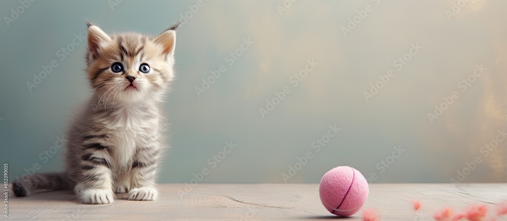Cute kitten playing with woolball in studio isolated pastel background Copy space - obrazy, fototapety, plakaty 