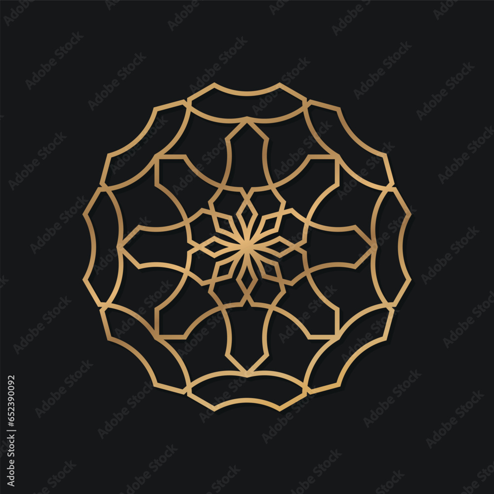 Geometric logo in arabic and islamic style decorated with gold colors on a black background