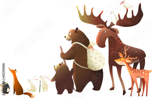 Adventurous animals friends backpacking and traveling. Bears and moose go hiking, cartoon for children. Hand drawn vector illustration in watercolor style, isolated animals clip art for kids.