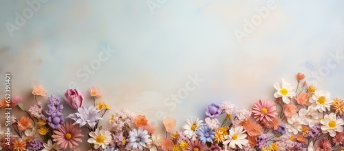 Vivid faux flowers in pots isolated pastel background Copy space