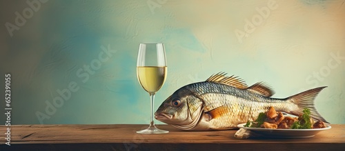 wine and fried fish on a ta...