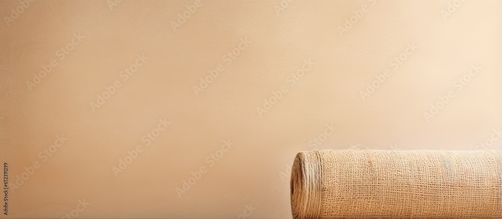 Closeup of jute twine on linen isolated pastel background Copy space - obrazy, fototapety, plakaty 