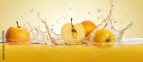 Sliced apple meets juice with a splash isolated pastel background Copy space