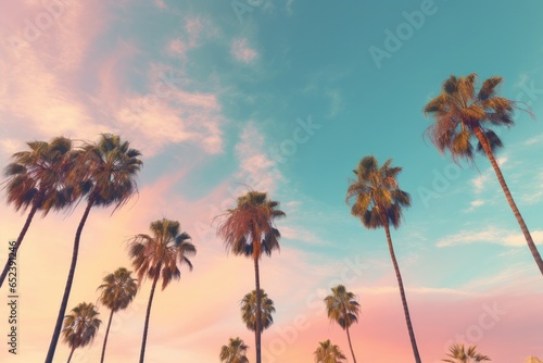 Low angle view of palm trees against colorful skyline 