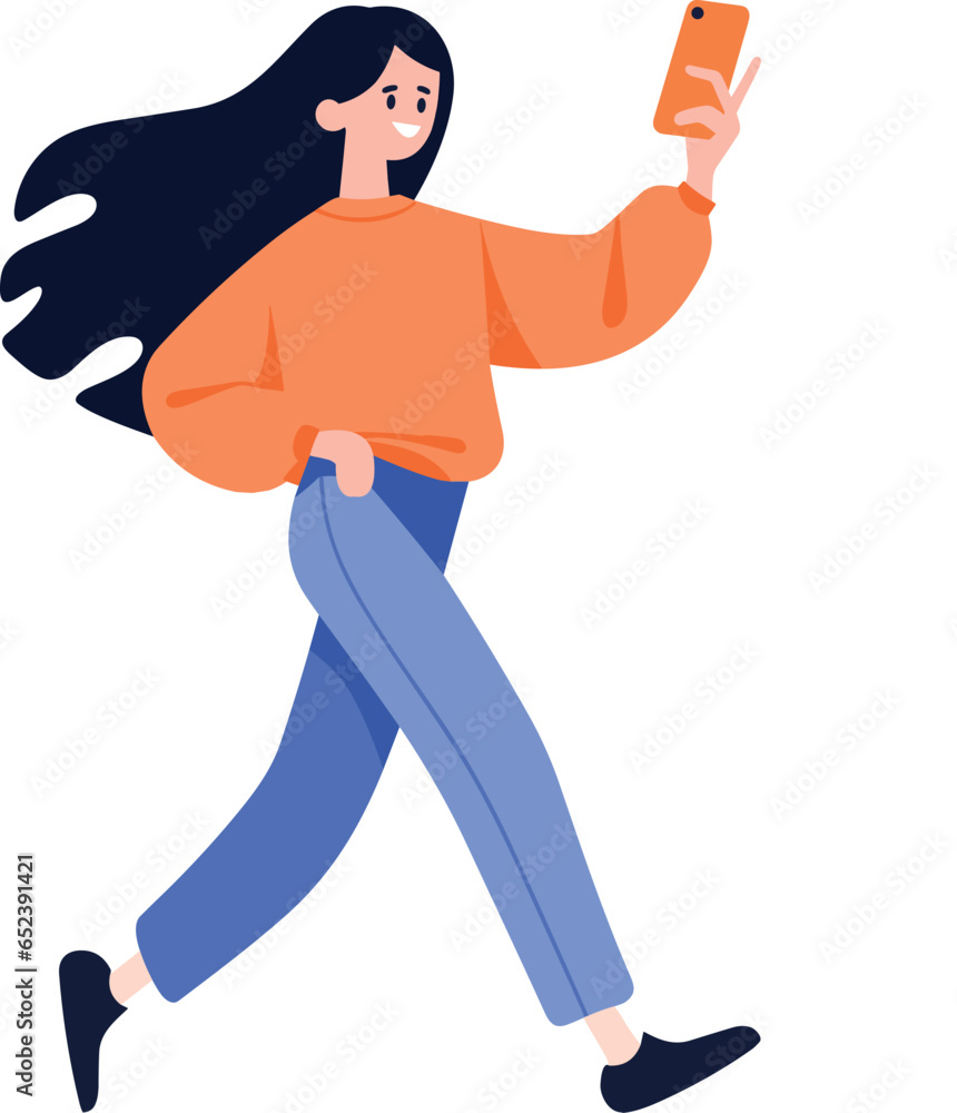 Hand Drawn Female character holding a tablet or smartphone in flat style