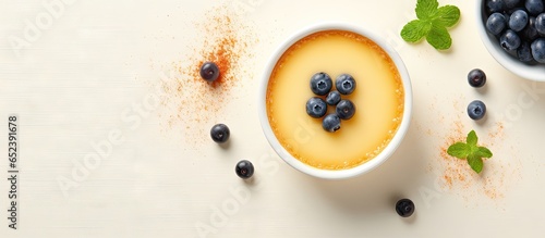 Creme brulee and blueberries on a isolated pastel background Copy space photo