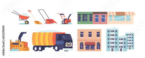 Winter Snow Cleaning Items Set. Truck, City Buildings, Shovel, Ice Scraper, Snow Blower, And Salt Spreader, Vector