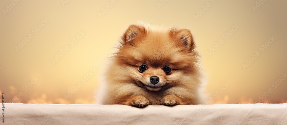 Cute home pet isolated brown pomeranian isolated pastel background Copy space