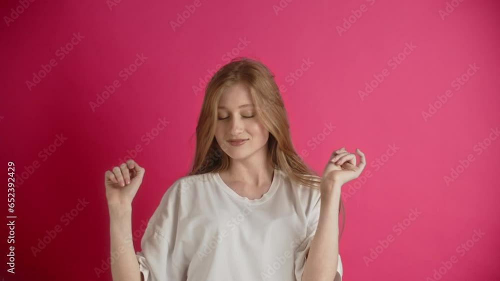 Demonstration of emotions of joy and happiness, success in life and business. Happy ginger girl celebrates victory in dance competition, flirting and greeting fans. Young lady shows acting lessons. Demonstration of emotions of joy and happiness, success in life and business. Happy ginger girl celebrates victory in dance competition, flirting and greeting fans. Young lady shows acting lessons.