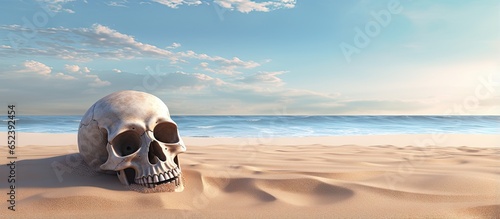 Human skull on beach on isolated pastel background Copy space Room for text Clipping Path Halloween or forensic image