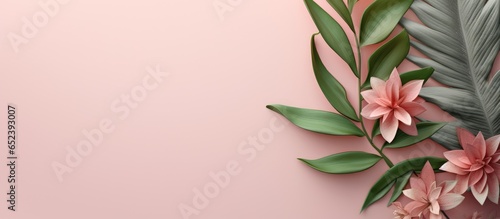 Green and pink foliage planted adjacent to each other isolated pastel background Copy space