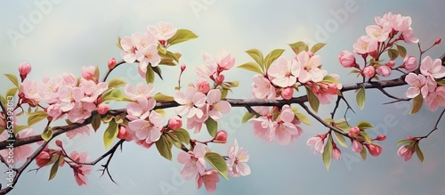 Closeup of blooming apple tree branch in garden isolated pastel background Copy space