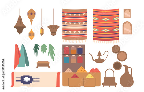 Vibrant, Bustling Arab Market Items Set. Colorful Textiles, Ornate Ceramics, Aromatic Spices, And Exotic Treasures