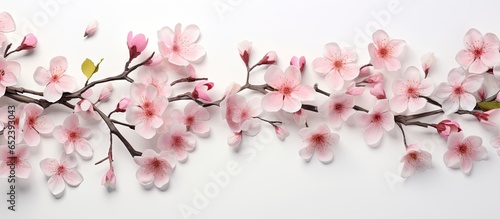 Pink flowers arranged on a white isolated pastel background Copy space