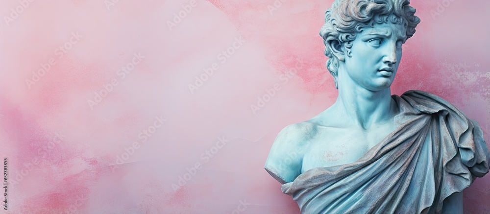 Obraz premium Apollos face concealed by a safeguarding scarf isolated pastel background Copy space