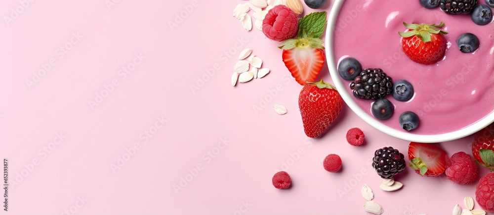 A delectable and healthy pink berry smoothie in a bowl seen from above against a isolated pastel background Copy space - obrazy, fototapety, plakaty 