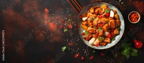 Chicken and teriyaki sauce in a Chinese stir fry pan isolated pastel background Copy space