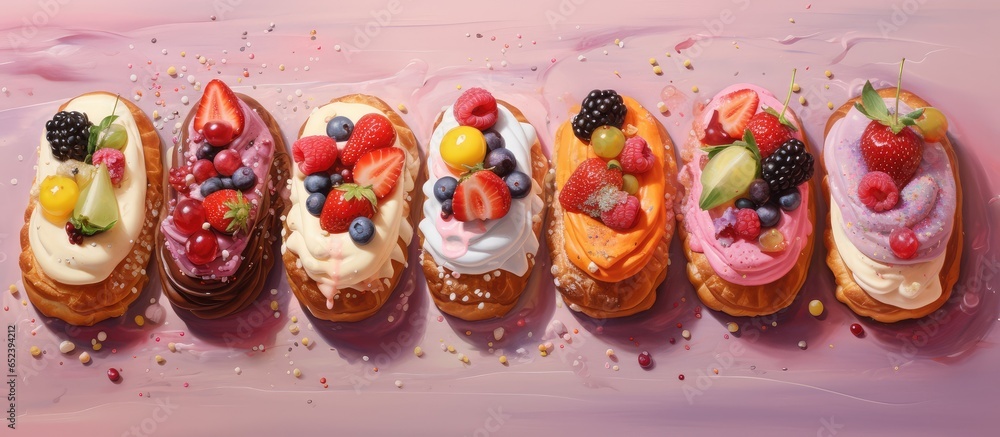 French dessert consisting of a sugar glazed eclair isolated pastel background Copy space