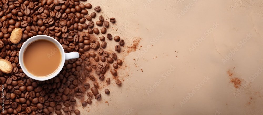 Coffee beans and a mug of java isolated pastel background Copy space Coffee beans and a mug of java isolated pastel background Copy space