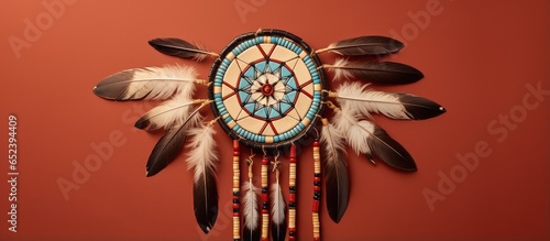 Fototapeta Naklejka Na Ścianę i Meble -  Native American spiritual symbol on circular object with leather beads feathers on a isolated pastel background Copy space