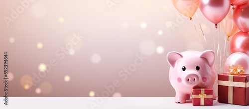 piggy bank decorated with cake and birthday note on paper isolated pastel background Copy space