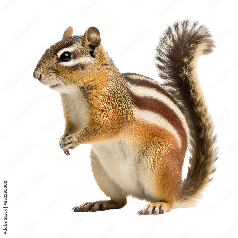 a striped chipmunk on its haunches facing left in a Nature-themed, photorealistic illustration in a transparent PNG, cutout, and isolated. generativer ai a striped chipmunk on its haunches facing left in a Nature-themed, photorealistic illustration in a transparent PNG, cutout, and isolated. generativer ai