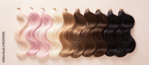 Palette of premium hair extensions with color samples from blonde to black on isolated black ring isolated pastel background Copy space photo