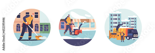Isolated Round Icons with Janitor Service Cleaner Characters Clear Street Of Snow Use Shovels, , Blowers and Machines