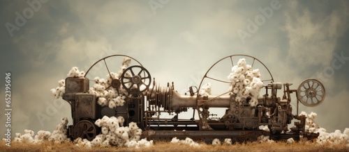 Old dirty cotton gin machine on the floor used to extract cotton fibers from seedpods Industrial machinery isolated pastel background Copy space photo