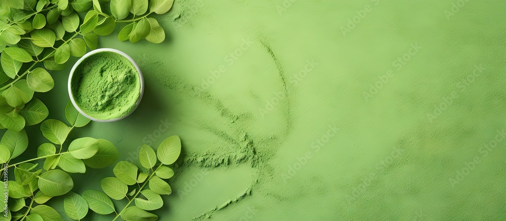 Powdered supplement derived from Moringa isolated pastel background Copy space