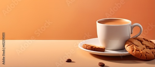 Freshly baked Italian Biscotti Cookie accompanying a cup of coffee isolated pastel background Copy space