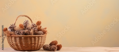 Basket made of wicker holding cedar cones isolated pastel background Copy space