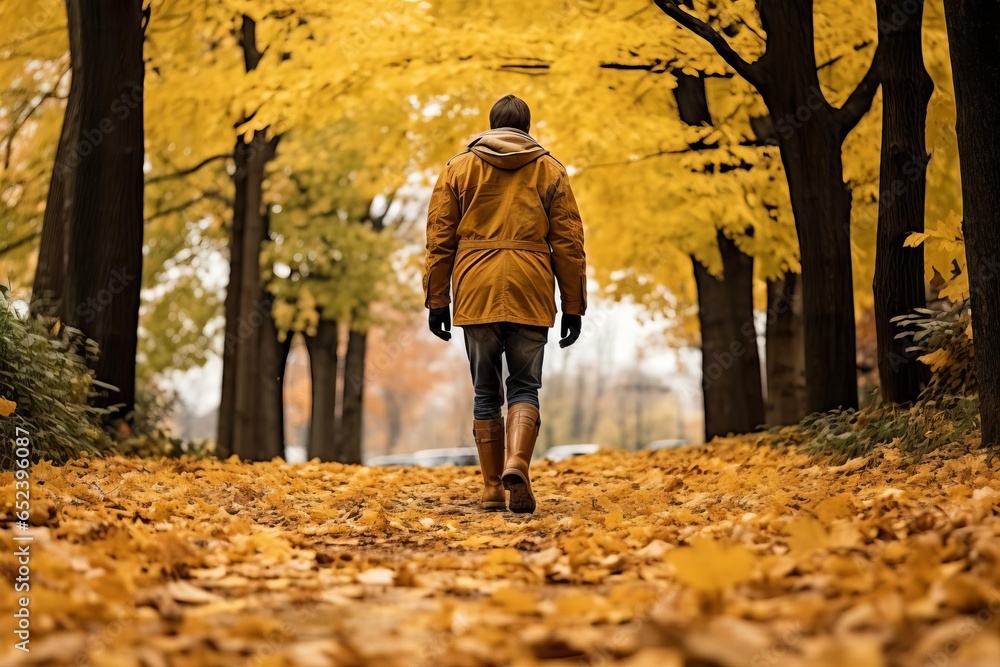 Joyful Stroll: Man with yellow coat and in Boots Amidst Fall Foliage Joyful Stroll: Man with yellow coat and in Boots Amidst Fall Foliage