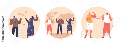 Isolated Round Icons With Diverse Characters Connected With Thread On A Global Tapestry  People Vector Illustration