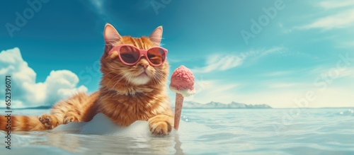 Sunglasses wearing feline unwinding by the ocean while enjoying ice cream isolated pastel background Copy space
