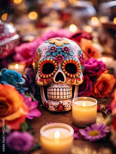 Cultural Tribute: Mexican Sugar Skull in a Festive Altar Display
