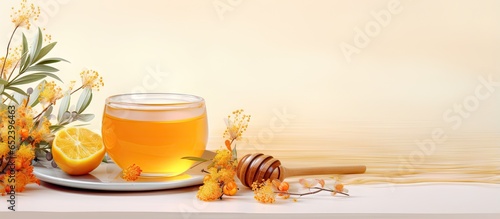 Tea made from sea buckthorn with added honey and lemon isolated pastel background Copy space