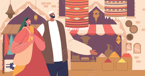 Bustling Arab Market Scene With Colorful Stalls, People Haggling Over Goods, And Aromatic Spices Filling The Air