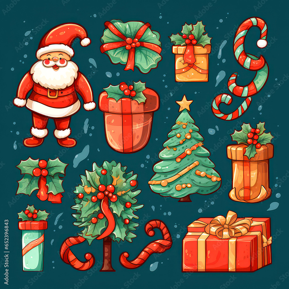 Set of cartoon ornament Christmas pictures. Holidays icons. Wallpaper. Vector style. winter illustration. Generative ai. Set of cartoon ornament Christmas pictures. Holidays icons. Wallpaper. Vector style. winter illustration. Generative ai.