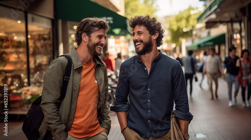 dos hombres apuestos con barba y blancos sonriendo mientras caminan en la calle 