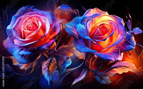 Colorful light grows roses on the dark background.