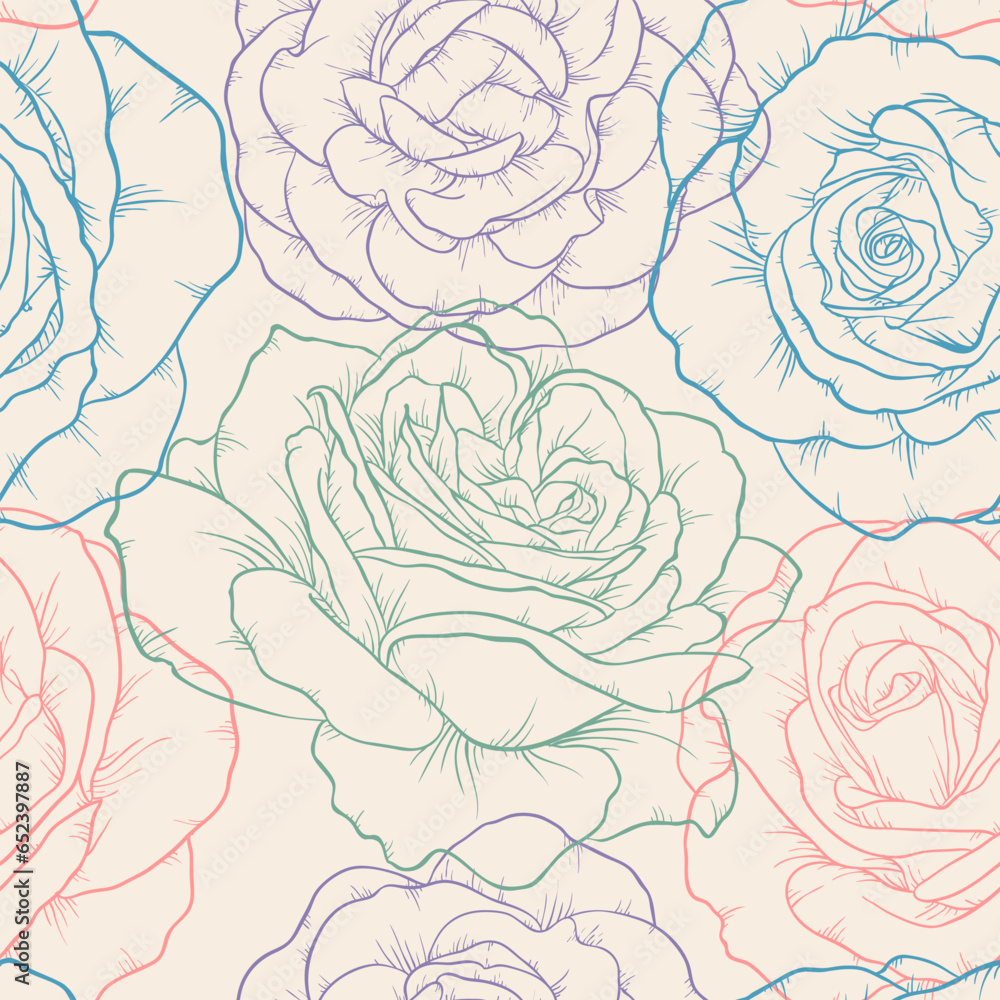 Beautiful monochrome black and white seamless pattern with line roses ...