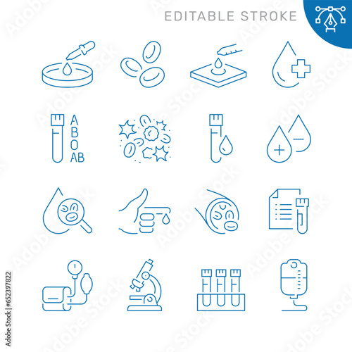 Vector line set of icons related with blood. Contains monochrome icons like  hematology, erythrocytes, droplet, vein, tonometer, pipette and more. Simple outline sign. Editable stroke.
