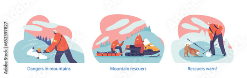 Isolated Elements With Scenes Of Dangers In Mountains. Brave Rescuers Save Lives, Scaling Heights, Battling Elements
